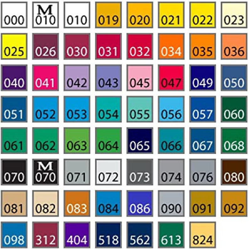 May include: A color chart with 64 different color swatches. The swatches are arranged in a grid of 8 rows and 8 columns. The colors range from bright yellow to dark brown. The chart is labeled with numbers from 000 to 824.
