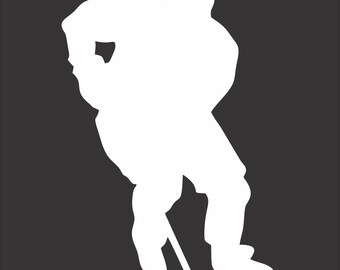 May include: A white silhouette of a hockey player in action against a dark gray background. The player is bent over, holding a hockey stick, and appears to be skating. The image is a simple, graphic representation of the sport.