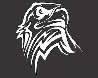 May include: A white eagle head design on a dark gray background. The eagle's head is stylized with sharp lines and curves, creating a tribal or tattoo-like aesthetic. The design is symmetrical and detailed.