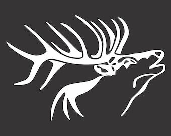 May include: White line art of a roaring elk with large antlers on a dark gray background. The elk's head is tilted back, mouth open in a roar. The antlers are detailed and prominent, creating a striking contrast against the dark backdrop.