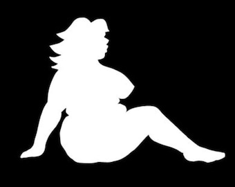 May include: A high-contrast graphic silhouette of a person with long hair sitting in a relaxed pose, shown in solid white against a stark black background. The figure is depicted in profile, emphasizing the curves and form of the seated body.