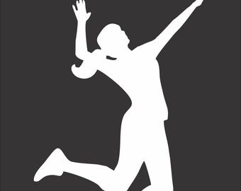 May include: A white silhouette of a person playing volleyball against a dark gray background. The figure is mid-jump, reaching for a white volleyball. The image captures the dynamic action of the sport.