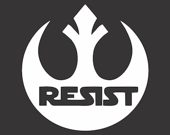 May include: A white rebel alliance symbol with the word "RESIST" in bold, black letters.