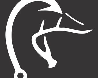 May include: White graphic of a duck head and antlers combined with a fishing hook on a dark gray background. The design is a minimalist illustration, suitable for outdoor and hunting-themed products.