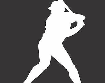 May include: White silhouette of a baseball player in a batting stance against a dark gray background. The player is wearing a baseball cap and holding a bat, ready to swing. The image is a simple, graphic representation of the sport.