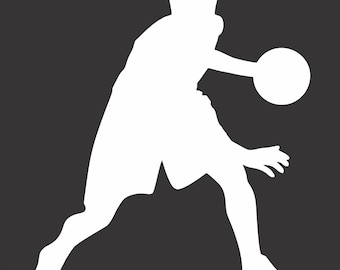 May include: White silhouette of a person dribbling a basketball on a dark gray background. The figure is in motion, with the ball in one hand and the other hand extended. The person is wearing shorts and sneakers.