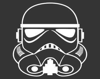 May include: White outline of a Stormtrooper helmet on a dark gray background. The helmet features a rounded top, visor, and detailed respirator. The design is a minimalist, graphic representation of the iconic helmet.