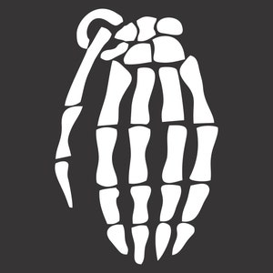 May include: A white skeletal hand shaped like a grenade with a ring pull. The hand is outlined in black against a dark gray background.