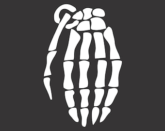 May include: A white skeletal hand shaped like a grenade with a ring pull. The hand is outlined in black against a dark gray background.