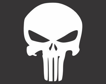 May include: White skull graphic with a stylized skull and crossbones design. The skull is white and the background is black.