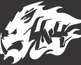 May include: White silhouette of a boar's head with flames behind it. The boar's head is facing left and has sharp teeth and a large snout. The flames are stylized and have a jagged edge.