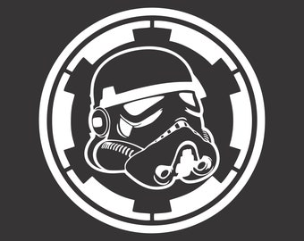 May include: A white silhouette of a Star Wars Stormtrooper helmet inside a white circle with a black background. The circle has a white symbol inside that resembles a gear or a wheel.