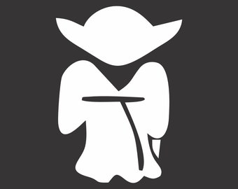 May include: A white silhouette of a fictional character with large ears and a robe. The character is standing with arms crossed.