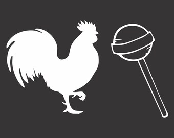 May include: A white silhouette of a rooster and a white lollipop on a black background.