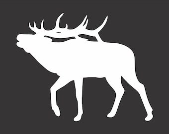 May include: A white silhouette of an elk with large antlers against a dark gray background. The elk is depicted in profile, walking with its head raised and mouth open.