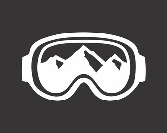 May include: White ski goggles with a silhouette of mountains reflected in the lenses.