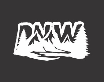 May include: White silhouette of a mountain range with trees on either side, forming the letters "DAW" in a stylized font.