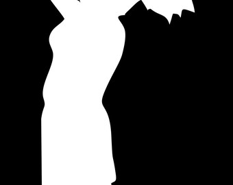 May include: A white silhouette of a person playing basketball against a black background. The person is in mid-air, reaching up to shoot the ball. The image is a simple, graphic representation of the sport.