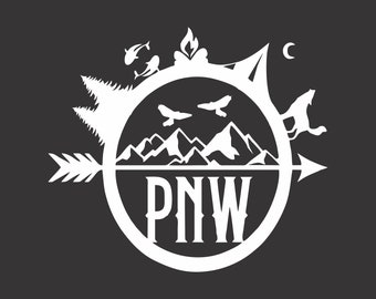 May include: A white silhouette of a compass with a circle around it. The compass points are replaced with a mountain range, a pine tree, a fish, a campfire, a tent, a crescent moon, and a wolf. The circle contains the text "PNW" in a bold font.