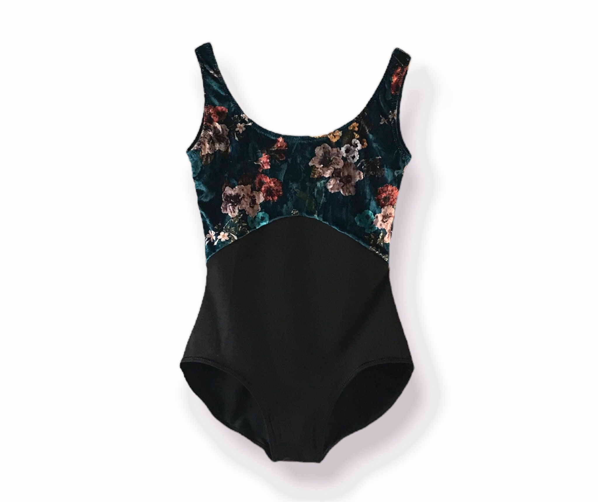 Carabosse Limited Edition Duo Tank Style Leotard Teal Flower Print Crushed Velvet