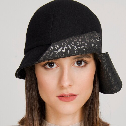 Black assymetrical cloche hat with print detail shops