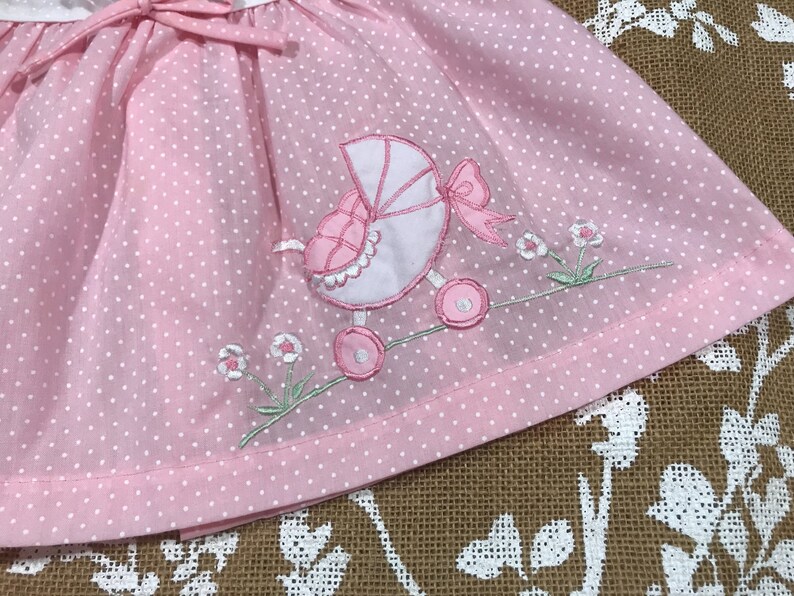 6-12m Pink Polka Dot Baby Carriage Applique Vintage Cuties by Judy Dress
