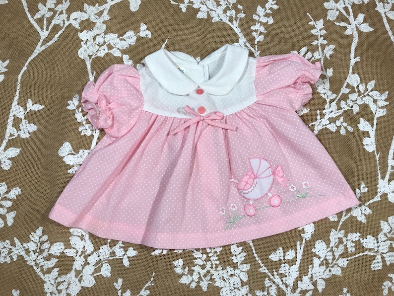 6-12m Pink Polka Dot Baby Carriage Applique Vintage Cuties by Judy Dress