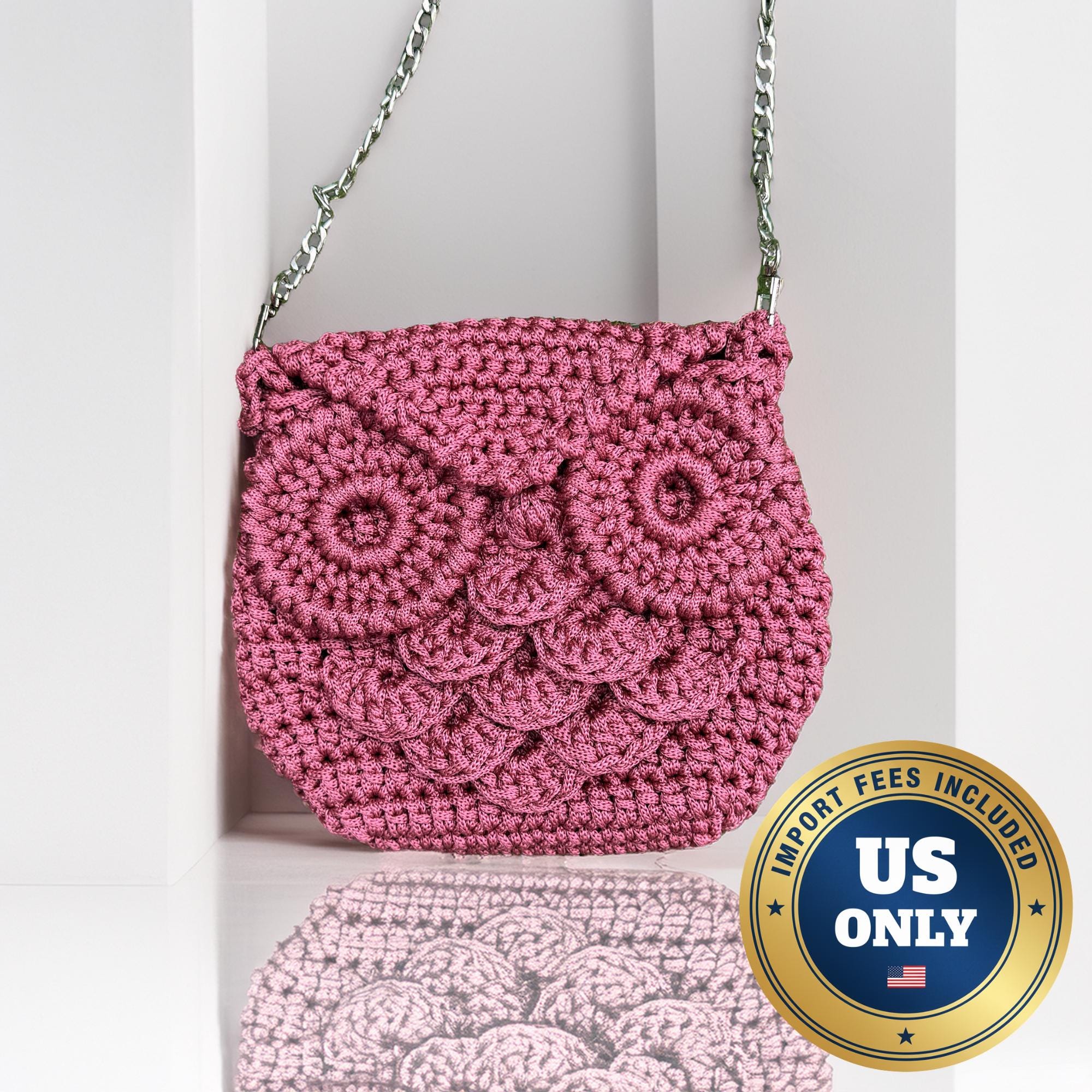 Raspberry Crochet Owl Purse: Festival Crossbody Bag, Silver Chain
