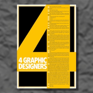 May include: A poster design with a black background and a large yellow diagonal shape. The text "4 GRAPHIC DESIGNERS" is in white, with additional text in a column. The design has a retro aesthetic.