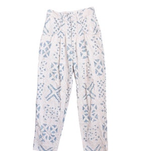 Vintage Beige and Blue Abstract Print Cotton Trousers Women&#39;s High Waist Geometric Patterned Bottoms, Pockets, Belt Loops, UK 8, Size XS