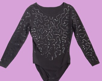 80's Black Cotton Sequin Embellished Bodysuit Vintage Women's St Michael M&S Polyester Long Sleeve Leotard, Made in Macau, UK 10/12