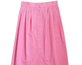 Pastel Pink Button Down Pleated Midi Skirt Vintage Women's High Waisted Plain Cotton A-line Skirt, Made in USA, UK 10/12, Size Small