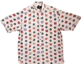 90's Beige National Emblem Silk Shirt Vintage Men's Button Down Short Sleeve Shirt, Chest Pocket, Size Small