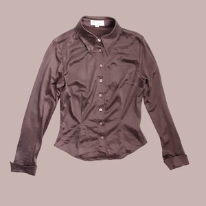Vintage Michel Klein French Designer Chocolate Brown Satin Fitted Blouse Women&#39;s Patterned Button up Long Sleeve Collared Shirt, 90s, UK 10