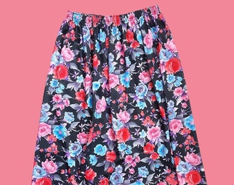 80's Black Floral Print Pleated Midi Skirt Vintage Women's High Waisted Polyester A-line Skirt, Boho, Cottagecore, Made in UK, UK 10/12/14