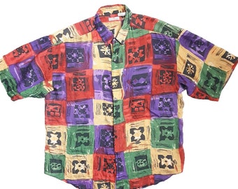 90's Patchwork Print Silk Shirt Vintage Men's Multicoloured Crazy Patterned Button Down Short Sleeve Shirt, Size Large