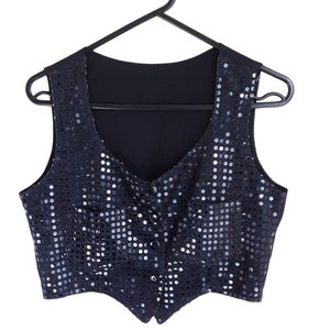 Vintage Black Sequin Embellished Crop Gilet Vest Women&#39;s Button Front Cropped Sparkly Party Evening Waistcoat, Pockets, 90s, Size Small