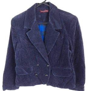 Vintage Midnight Blau Baumwollsamt Cord Crop Boxy Fit Blazer Damen Zweireihige Karo gefütterte Jacke, Taschen, 90er Jahre, Größe Medium