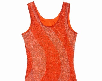 90's Orange Silk Silver Beaded Heavy Tank Top Vintage Women's Delicate Embellished Polyester Lined Sleeveless Vest Top, UK 14, Size Large
