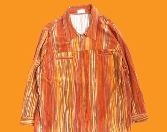 90's Burnt Orange Striped Cotton Corduroy Shirt Vintage Women's Bonita Zip Front Long Sleeve Blouse, Collared, Size XL, Plus Size