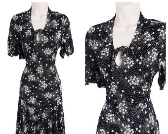 70's Floral Rose Print Black and White Keyhole Pussybow Tea Dress Vintage Women's Flutter Sleeve Tiered Midi Dress, 40s, Pin Up, UK 10