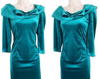 80's Emerald Green Velvet Bow Ruched Pencil Dress Vintage Women's Off the Shoulder Bardot Party Cocktail Evening Prom Midi Dress, UK 8/10