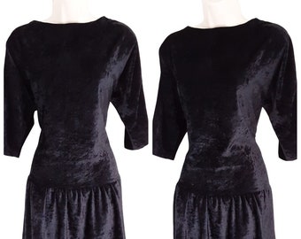 80's Black Crushed Velvet Drop Waist Tiered Mini Dress Vintage Women's Canda Low Waist Party Cocktail Evening Dress, UK 8, Size XS