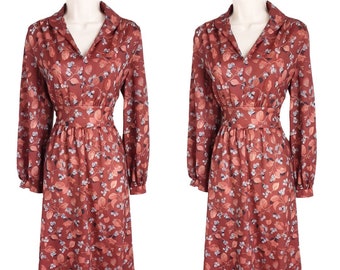 70's Brown Leaf Print Pleated Tea Dress Vintage Women's Collared Long Sleeve Midi Dress, Cottagecore, Boho, Hippy, UK 10, Size Small