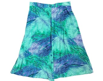 90's Aqua Blue Palm Leaf Fabric Button Down Midi Skirt Vintage Women's Sag Harbour High Waist Elasticated Patterned Skirt, Size Medium