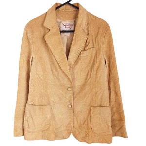 Vintage Country Craft Mustard Yellow Cotton Velvet Corduroy Fitted Blazer Jacket Women&#39;s Tan Button Front Jacket, Pockets, 80s, Size Medium