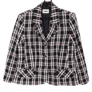 Vintage Check Plaid Patterned Black White and Pink Wool Jacket Women&#39;s Deco Button Front Collared Blazer, Pockets, 80s, Size Large