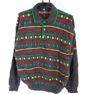 Vintage Striped Geometric Patterned Charcoal Black Jumper Women&#39;s Collared Funky Abstract Yellow and Green Pullover Sweater, Size Large