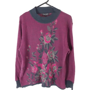 Pink Floral Patterned Sweater Vintage Women&#39;s Navy Blue Ribbed Neck Jumper Acrylic Wool Light Knitted Sweatshirt, Size Large