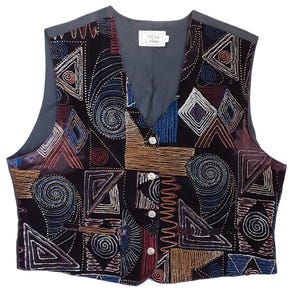 Vintage Styled by Yorn Black Velvet Abstract Embroidered Patterned Boho Waistcoat Women&#39;s Swirl Button Cropped Vest, Pockets, Size Large